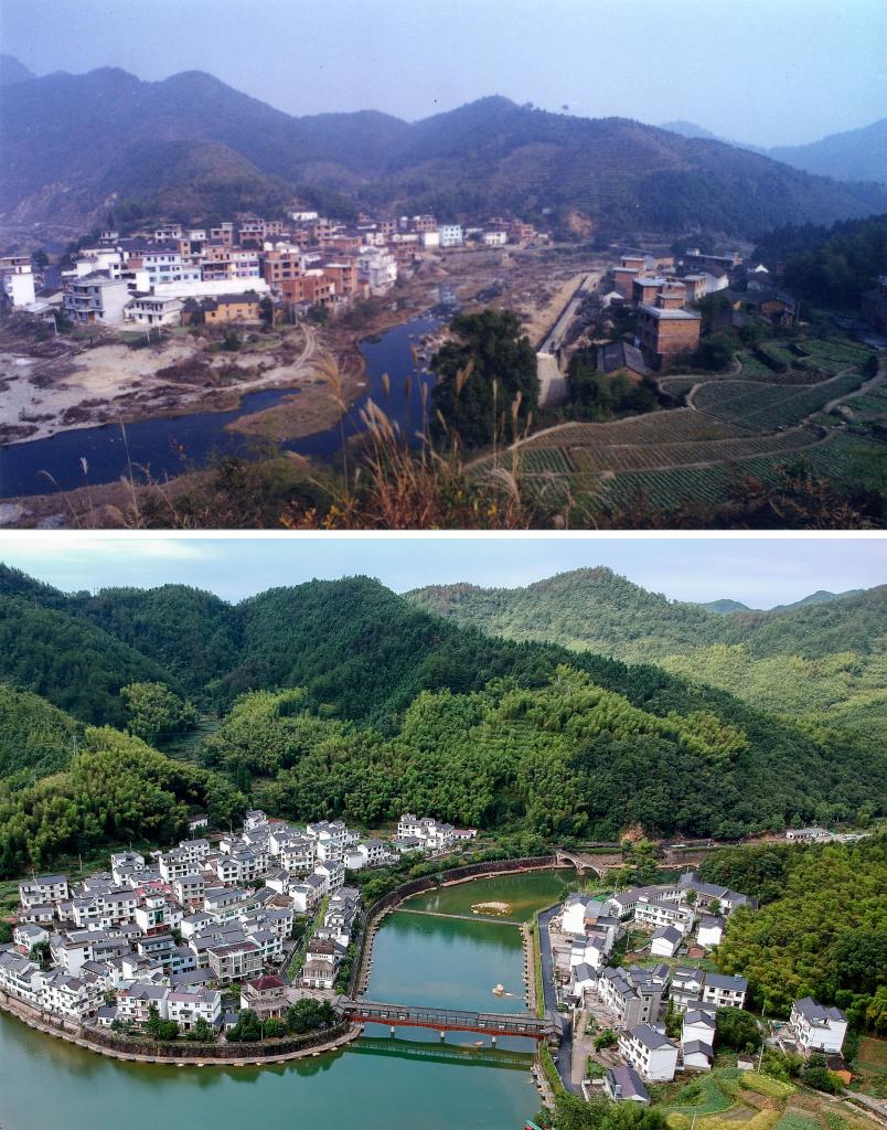 圖為浙江省杭州市淳安縣楓樹嶺鎮(zhèn)下姜村拼版圖，其中上圖為資料照片、下圖由新華社記者張鋮攝。